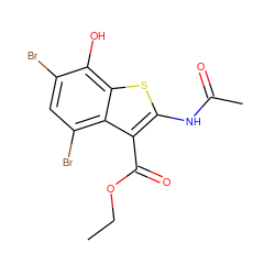 CCOC(=O)c1c(NC(C)=O)sc2c(O)c(Br)cc(Br)c12 ZINC000000754379