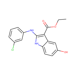 CCOC(=O)c1c(Nc2cccc(Cl)c2)[nH]c2ccc(O)cc12 ZINC000014978486