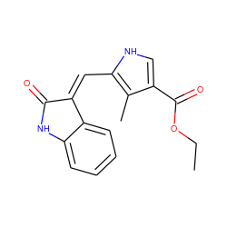 CCOC(=O)c1c[nH]c(/C=C2/C(=O)Nc3ccccc32)c1C ZINC000026819733