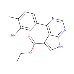 CCOC(=O)c1c[nH]c2ncnc(-c3ccc(C)c(N)c3)c12 ZINC000206726421