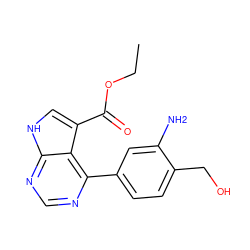 CCOC(=O)c1c[nH]c2ncnc(-c3ccc(CO)c(N)c3)c12 ZINC000225209611