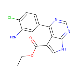 CCOC(=O)c1c[nH]c2ncnc(-c3ccc(Cl)c(N)c3)c12 ZINC000218985273