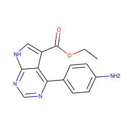 CCOC(=O)c1c[nH]c2ncnc(-c3ccc(N)cc3)c12 ZINC000218980248