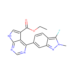 CCOC(=O)c1c[nH]c2ncnc(-c3ccc4c(F)n(C)nc4c3)c12 ZINC000218985519