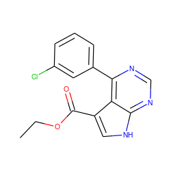 CCOC(=O)c1c[nH]c2ncnc(-c3cccc(Cl)c3)c12 ZINC000206732049