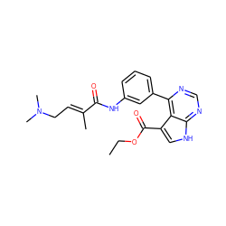 CCOC(=O)c1c[nH]c2ncnc(-c3cccc(NC(=O)/C(C)=C/CN(C)C)c3)c12 ZINC000218987542