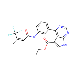 CCOC(=O)c1c[nH]c2ncnc(-c3cccc(NC(=O)/C=C(/C)C(F)(F)F)c3)c12 ZINC000261142138