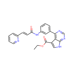 CCOC(=O)c1c[nH]c2ncnc(-c3cccc(NC(=O)/C=C/c4ccccn4)c3)c12 ZINC000218978710