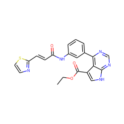 CCOC(=O)c1c[nH]c2ncnc(-c3cccc(NC(=O)/C=C/c4nccs4)c3)c12 ZINC000261094950