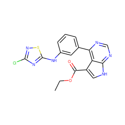 CCOC(=O)c1c[nH]c2ncnc(-c3cccc(Nc4nc(Cl)ns4)c3)c12 ZINC000218979145