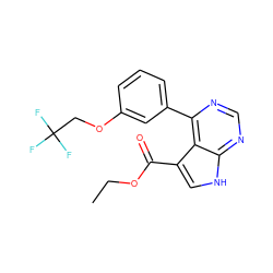 CCOC(=O)c1c[nH]c2ncnc(-c3cccc(OCC(F)(F)F)c3)c12 ZINC000206721734