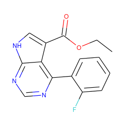 CCOC(=O)c1c[nH]c2ncnc(-c3ccccc3F)c12 ZINC000206726606