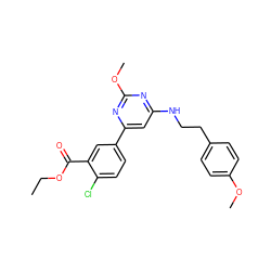 CCOC(=O)c1cc(-c2cc(NCCc3ccc(OC)cc3)nc(OC)n2)ccc1Cl ZINC000066104825