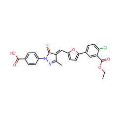 CCOC(=O)c1cc(-c2ccc(/C=C3/C(=O)N(c4ccc(C(=O)O)cc4)N=C3C)o2)ccc1Cl ZINC000008781052