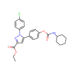 CCOC(=O)c1cc(-c2ccc(OC(=O)NC3CCCCC3)cc2)n(-c2ccc(Cl)cc2)n1 ZINC000299862558