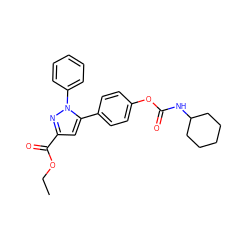 CCOC(=O)c1cc(-c2ccc(OC(=O)NC3CCCCC3)cc2)n(-c2ccccc2)n1 ZINC000299867154