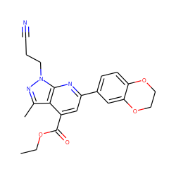 CCOC(=O)c1cc(-c2ccc3c(c2)OCCO3)nc2c1c(C)nn2CCC#N ZINC000003306048