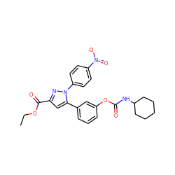 CCOC(=O)c1cc(-c2cccc(OC(=O)NC3CCCCC3)c2)n(-c2ccc([N+](=O)[O-])cc2)n1 ZINC000299868291