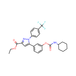 CCOC(=O)c1cc(-c2cccc(OC(=O)NC3CCCCC3)c2)n(-c2ccc(C(F)(F)F)cc2)n1 ZINC000299855061