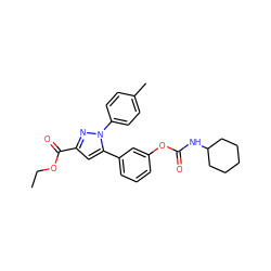 CCOC(=O)c1cc(-c2cccc(OC(=O)NC3CCCCC3)c2)n(-c2ccc(C)cc2)n1 ZINC000299864256