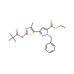 CCOC(=O)c1cc(-c2sc(NC(=O)C(C)(C)C)nc2C)nn1Cc1ccccc1 ZINC000049785367