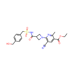 CCOC(=O)c1cc(C#N)c(N2CC(C(=O)NS(=O)(=O)Cc3ccc(CO)cc3)C2)nc1C ZINC000096283081