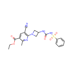 CCOC(=O)c1cc(C#N)c(N2CC(NC(=O)NS(=O)(=O)c3ccccc3)C2)nc1C ZINC000096272851