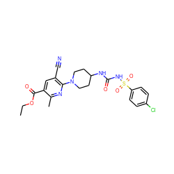 CCOC(=O)c1cc(C#N)c(N2CCC(NC(=O)NS(=O)(=O)c3ccc(Cl)cc3)CC2)nc1C ZINC000096272856