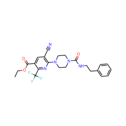 CCOC(=O)c1cc(C#N)c(N2CCN(C(=O)NCCc3ccccc3)CC2)nc1C(F)(F)F ZINC000071295516