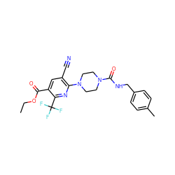 CCOC(=O)c1cc(C#N)c(N2CCN(C(=O)NCc3ccc(C)cc3)CC2)nc1C(F)(F)F ZINC000071280823