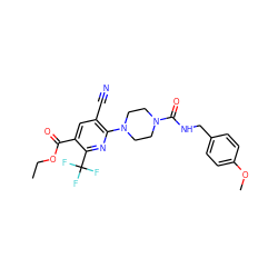 CCOC(=O)c1cc(C#N)c(N2CCN(C(=O)NCc3ccc(OC)cc3)CC2)nc1C(F)(F)F ZINC000071294926