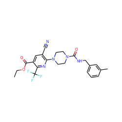 CCOC(=O)c1cc(C#N)c(N2CCN(C(=O)NCc3cccc(C)c3)CC2)nc1C(F)(F)F ZINC000071295206