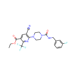 CCOC(=O)c1cc(C#N)c(N2CCN(C(=O)NCc3cccc(F)c3)CC2)nc1C(F)(F)F ZINC000071295058