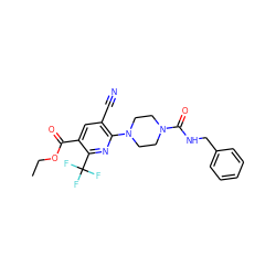 CCOC(=O)c1cc(C#N)c(N2CCN(C(=O)NCc3ccccc3)CC2)nc1C(F)(F)F ZINC000071295374