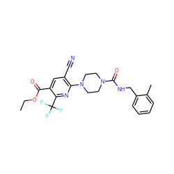 CCOC(=O)c1cc(C#N)c(N2CCN(C(=O)NCc3ccccc3C)CC2)nc1C(F)(F)F ZINC000071296139