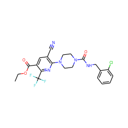 CCOC(=O)c1cc(C#N)c(N2CCN(C(=O)NCc3ccccc3Cl)CC2)nc1C(F)(F)F ZINC000071294617