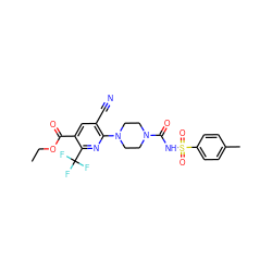 CCOC(=O)c1cc(C#N)c(N2CCN(C(=O)NS(=O)(=O)c3ccc(C)cc3)CC2)nc1C(F)(F)F ZINC000096272848