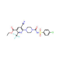 CCOC(=O)c1cc(C#N)c(N2CCN(C(=O)NS(=O)(=O)c3ccc(Cl)cc3)CC2)nc1C(F)(F)F ZINC000096272828