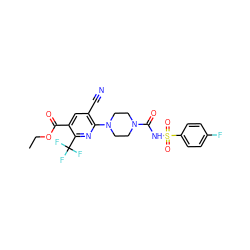 CCOC(=O)c1cc(C#N)c(N2CCN(C(=O)NS(=O)(=O)c3ccc(F)cc3)CC2)nc1C(F)(F)F ZINC000096272858