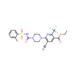 CCOC(=O)c1cc(C#N)c(N2CCN(C(=O)NS(=O)(=O)c3ccccc3C)CC2)nc1C(F)(F)F ZINC000096272854