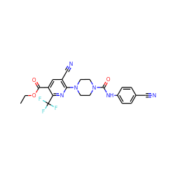 CCOC(=O)c1cc(C#N)c(N2CCN(C(=O)Nc3ccc(C#N)cc3)CC2)nc1C(F)(F)F ZINC000071294980