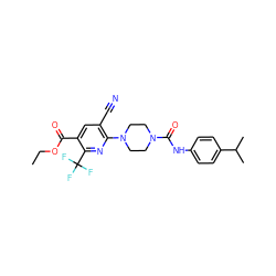 CCOC(=O)c1cc(C#N)c(N2CCN(C(=O)Nc3ccc(C(C)C)cc3)CC2)nc1C(F)(F)F ZINC000071296126