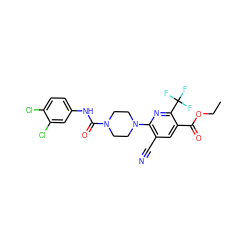 CCOC(=O)c1cc(C#N)c(N2CCN(C(=O)Nc3ccc(Cl)c(Cl)c3)CC2)nc1C(F)(F)F ZINC000071281334