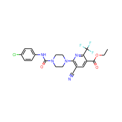 CCOC(=O)c1cc(C#N)c(N2CCN(C(=O)Nc3ccc(Cl)cc3)CC2)nc1C(F)(F)F ZINC000020230306