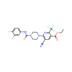 CCOC(=O)c1cc(C#N)c(N2CCN(C(=O)Nc3ccc(F)c(F)c3)CC2)nc1C(F)(F)F ZINC000071295290