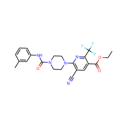 CCOC(=O)c1cc(C#N)c(N2CCN(C(=O)Nc3cccc(C)c3)CC2)nc1C(F)(F)F ZINC000071295566