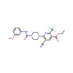 CCOC(=O)c1cc(C#N)c(N2CCN(C(=O)Nc3cccc(OC)c3)CC2)nc1C(F)(F)F ZINC000071294705