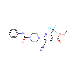 CCOC(=O)c1cc(C#N)c(N2CCN(C(=O)Nc3ccccc3)CC2)nc1C(F)(F)F ZINC000020230303