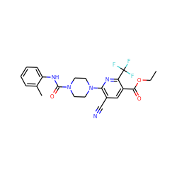 CCOC(=O)c1cc(C#N)c(N2CCN(C(=O)Nc3ccccc3C)CC2)nc1C(F)(F)F ZINC000071294951