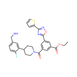 CCOC(=O)c1cc(C(=O)N2CCC(c3cc(CN)ccc3F)CC2)cc(-c2nc(-c3cccs3)no2)c1 ZINC000028455315